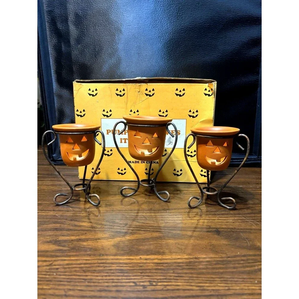 Vintage Terra-Cotta Jack-O'-Lantern Votive Candle Holders Set Of 3, Metal Stands